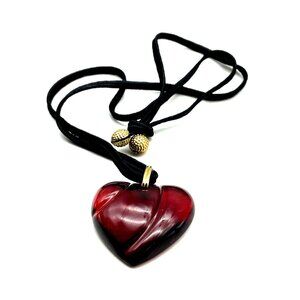 Baccarat Red Heart Crystal Pendant Black Cord Necklace Gold-Tone Accents